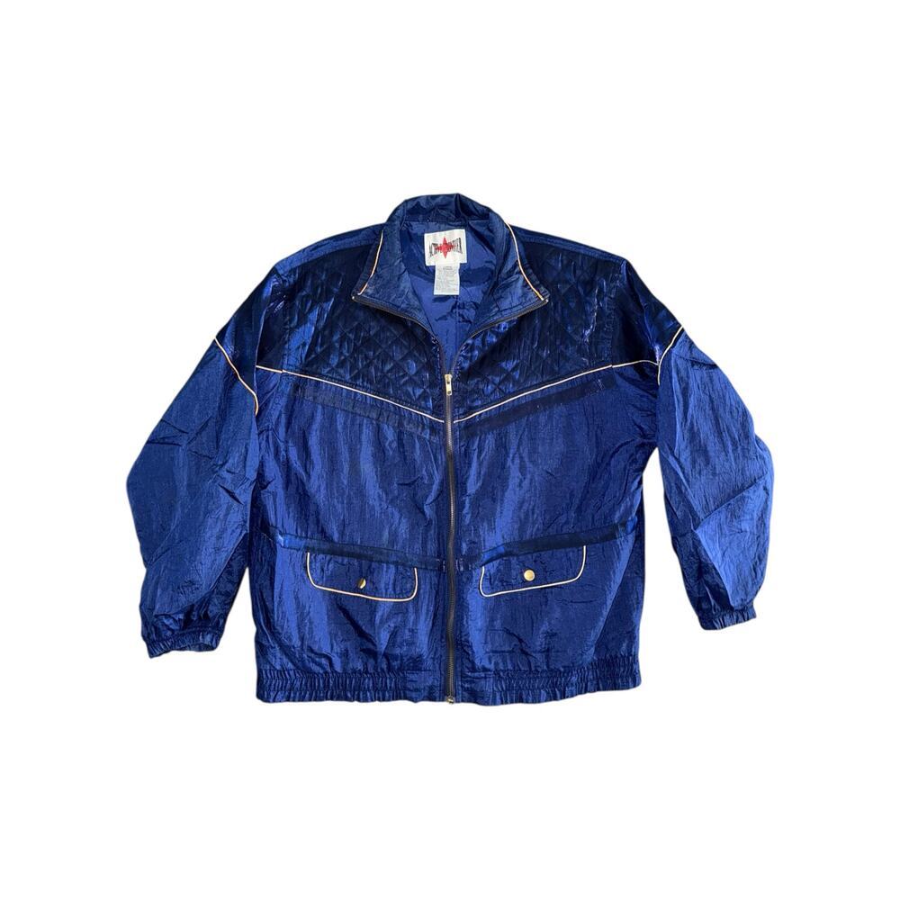Vintage Active Frontier Metallic Windbreaker Jacket Large Blue Quilted 80s Retro